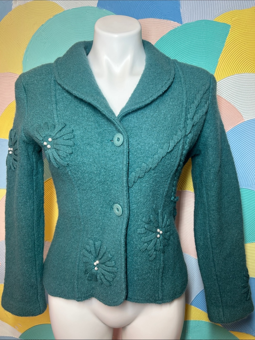 Clothes by Revue Teal Floral Appliqué 100% Wool Button Front Jacket Sz M vintage
